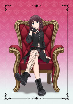 Rule 34 | 1girl, absurdres, alternate costume, alternate hairstyle, belt, black gloves, black jacket, black shirt, black skirt, blue eyes, boots, braid, brown hair, chair, chinese commentary, choker, closed mouth, commentary request, crossed legs, fingerless gloves, fishnet pantyhose, fishnets, full body, girls band cry, gloves, gradient background, headset, highres, iseri nina, jacket, long hair, long sleeves, looking at viewer, miniskirt, multicolored nails, nail polish, navel, pantyhose, pink background, shirt, sitting, skirt, smile, solo, xizhi baofan