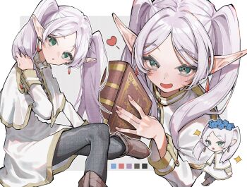 Rule 34 | 1girl, :o, black pantyhose, blue flower, blush, book, boots, brown boots, capelet, chibi, chibi inset, earrings, elf, flower, foot out of frame, frieren, gem, green eyes, hair over shoulder, hand in own hair, hashtag-only commentary, head tilt, heart, holding, holding book, jewelry, looking at viewer, medium hair, multiple views, nail polish, open mouth, pantyhose, pointy ears, red gem, red nails, scripco, shirt, simple background, sitting, skirt, smile, sousou no frieren, sparkle, striped clothes, striped shirt, teardrop earrings, twintails, white background, white capelet, white hair, white shirt, white skirt