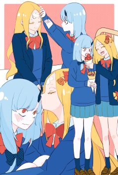 2girls :o abigail_williams_(fate) abigail_williams_(over_the_same_sky)_(fate) bandaged_head bandages bear_hair_ornament black_jacket blonde_hair blue_cardigan blue_hair blue_socks blush bow bowtie brown_shoes cardigan closed_eyes closed_mouth collared_shirt colored_eyelashes commentary_request fate/grand_order fate_(series) feeding food full_body grin hair_bow hair_ornament highres holding holding_ice_cream_cone horns ice_cream ice_cream_cone jacket kiss kissing_forehead knees_to_chest lapels lavinia_whateley_(fate) lavinia_whateley_(over_the_same_sky)_(fate) miniskirt multiple_girls notched_lapels odeyama parted_hair polka_dot polka_dot_background polka_dot_bow red_bow red_eyes rocket_hair_ornament shirt shoes short_side_ponytail sidelocks single_horn skirt smile socks teeth upper_teeth_only white_shirt