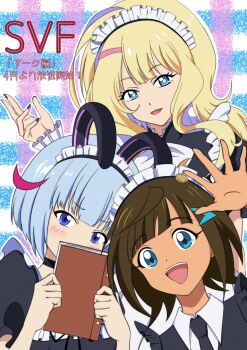 3girls animal_ears aqua_eyes black_choker black_necktie blonde_hair blue_eyes blue_hair book brown_hair choker colored_inner_hair covering_own_mouth fake_animal_ears hair_ornament highres holding holding_book kazamatsuri_ren_(shadowverse_flame) long_hair looking_at_viewer maid maid_headdress multicolored_hair multiple_girls nail_polish necktie ngt7sn open_mouth otosaka_shion_(shadowverse_flame) pink_hair purple_hair purple_nails rabbit_ears shadowverse shadowverse_(animated_series) shadowverse_flame short_hair takanashi_tsubasa_(shadowverse_flame) teeth translation_request upper_teeth_only