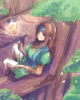 Rule 34 | 1girl, arrow (projectile), blue headband, blue vest, breasts, brown eyes, brown hair, harushino, headband, holding, holding arrow, lantern, large breasts, leaf, lowres, raquel (tear ring saga), sitting, solo, table, tear ring saga, tear ring saga: yutona eiyuu senki, tree, vest