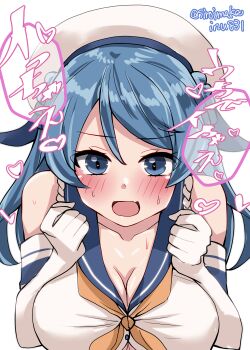 1girl absurdres beret blue_eyes blue_hair blush breasts cleavage commentary_request donut_hair_bun double_bun elbow_gloves gloves hair_bun hat highres kantai_collection kitahama_(siroimakeinu831) large_breasts long_hair looking_at_viewer neckerchief one-hour_drawing_challenge open_mouth sailor_hat school_uniform serafuku sleeves_rolled_up smile solo twitter_username upper_body urakaze_(kancolle) white_gloves white_hat yellow_neckerchief