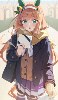 Rule 34 | 1girl, 1other, animal ears, bag, bare tree, blue coat, blue eyes, blunt bangs, blush, bow, bowtie, box, breath, brown cardigan, cardigan, coat, commentary request, ear covers, enpera, gift, gift box, green eyes, hairband, highres, hime cut, holding, holding box, horse ears, horse girl, horse tail, long hair, long sleeves, looking at viewer, ningen gokko, open clothes, open coat, open mouth, orange hair, orange tail, pleated skirt, pov, pulling another's clothes, purple skirt, purple thighhighs, scarf, school bag, school uniform, serafuku, shirt, silence suzuka (umamusume), skirt, solo, sweat, tail, thighhighs, tracen school uniform, tracen winter coat, tree, umamusume, white bow, white bowtie, white hairband, white shirt, winter clothes, winter coat, yellow scarf