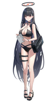 1girl absurdres alternate_costume apple_inc. bag bikini black_bikini black_hair black_nails black_sandals blue_archive blush breasts bright_pupils choker cleavage criss-cross_halter feet full_body gun hair_ornament hallo_(rltkdydrltk) halo halterneck handgun highres holster id_card ipad large_breasts legs long_hair looking_at_viewer millennium_science_school_logo nail_polish navel red_eyes rio_(blue_archive) sandals school_bag simple_background solo strappy_heels sweatdrop swimsuit tablet_pc thigh_holster toenail_polish toenails toes very_long_hair weapon white_background white_pupils