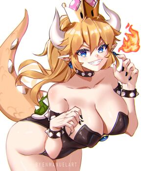 1girl armpit_crease artist_name ass bare_shoulders black_choker black_leotard black_nails blonde_hair blue_eyes blue_gemstone bowsette bracelet breasts choker cleavage collarbone commentary cowboy_shot earrings english_commentary enma_(enmanuelart) eyelashes fire gem hair_between_eyes hands_up highres horns jewelry large_breasts leaning_forward leotard lips lizard_tail long_hair looking_at_viewer mario_(series) new_super_mario_bros._u_deluxe nintendo pointy_ears simple_background smile solo sparkle sphere_earrings spiked_bracelet spiked_choker spiked_shell spikes super_crown tail teeth thick_thighs thighs turtle_shell watermark white_background white_horns