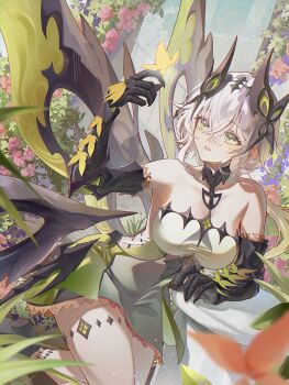 1girl absurdres bare_shoulders breasts butterfly_hair_ornament chigusa7h commentary_request dress duet_night_abyss green_eyes hair_between_eyes hair_ornament highres insect_wings large_breasts long_hair looking_at_animal mutation outdoors parted_lips psyche_(duet_night_abyss) solo thighs white_dress wings