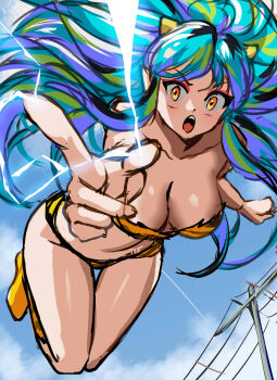 1girl absurdres animal_print aqua_hair bare_shoulders bikini blue_sky breasts cleavage collarbone commentary cone_horns electricity electrokinesis english_commentary enma_(enmanuelart) eyelashes feet_up flying full_body highres horns large_breasts leaning_forward long_hair looking_at_viewer lum open_mouth outdoors pointing pointing_at_viewer shoes sketch sky solo strapless strapless_bikini swimsuit teeth thigh_gap tiger_print tongue unfinished upper_teeth_only urusei_yatsura utility_pole wavy_hair yellow_bikini yellow_eyes yellow_horns yellow_shoes