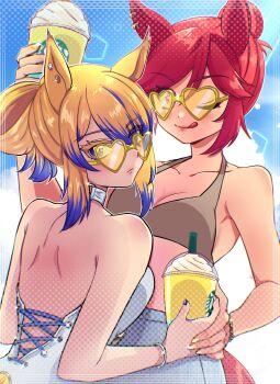 Rule 34 | 2girls, ;q, alternate hairstyle, animal ears, backless swimsuit, bikini, bikini top only, blonde hair, blue eyes, blue hair, blue sky, bracelet, brown bikini, brown hair, closed mouth, cloud, cloudy sky, commentary, cup, day, disposable coffee cup, disposable cup, ear picking, from behind, frown, grey shorts, hair bun, hair up, halterneck, hands on another's waist, highres, holding, holding cup, holding hands, horse girl, jewelry, looking at viewer, looking back, midriff, multicolored hair, multiple girls, obey your master (umamusume), one-piece swimsuit, one eye closed, outdoors, ponytail, short ponytail, shorts, single hair bun, sky, smile, sparkle, star-shaped pupils, star (symbol), sunglasses, sunshine forever (umamusume), swept bangs, swimsuit, symbol-shaped pupils, tira (tira e), tongue, tongue out, two-tone hair, umamusume, umamusume: cinderella gray, white one-piece swimsuit, yellow-framed eyewear