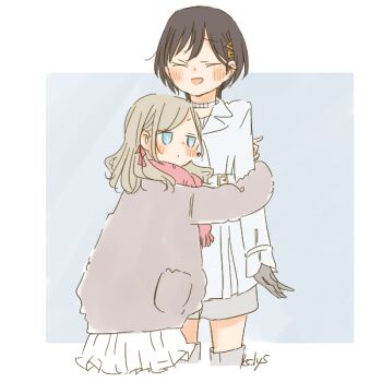 Rule 34 | 2girls, :d, black hair, blue eyes, blush, border, ceras yanagida lilienfeld, closed eyes, coat, commentary request, cropped legs, edel note, gloves, grey background, grey gloves, grey hair, grey skirt, hair ornament, hug, jellyfish cut, jitome, kase (ks lys), katsuragi izumi, katsuragi izumi (winter casual), link! like! love live!, long hair, long sleeves, love live!, miniskirt, multiple girls, official alternate costume, open mouth, outside border, pink scarf, pleated skirt, scarf, signature, simple background, skirt, smile, triangle hair ornament, twitter username, virtual youtuber, white border, white coat, white skirt