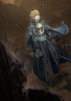 1boy 6+others ahoge armor armored_boots arthur_pendragon_(fate) belt blonde_hair blue_cape blue_shirt boots breastplate brown_belt buttons cape cloud cloudy_sky commentary_request death evening fate/grand_order fate_(series) faulds floating_cape full_armor full_body fur-trimmed_shirt fur-trimmed_sleeves fur_trim gauntlets green_eyes grey_armor hair_between_eyes highres jibe1212 long_sleeves looking_up male_focus multiple_others open_mouth orange_sky outdoors pauldrons pelvic_curtain rain shirt short_hair shoulder_armor sky standing sweatdrop sword weapon white_armor wide_sleeves