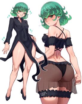 1girl absurdres ass black_dress black_shoes breasts camisole commentary dress from_behind green_eyes green_hair highres impossible_clothes impossible_dress looking_back luchidart one-punch_man pear-shaped_figure pout see-through_clothes see-through_skirt shoes skirt small_breasts sparkle tatsumaki thigh_strap thighs watermark wide_hips