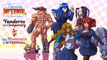 1boy 5girls arachnotron bandana baron_of_hell blonde_hair blue_eyes blue_hair brand_name_imitation cacodemon character_request cyberdemon cyclops dark_skin demon doki_doki_literature_club doom_(series) double_v english_text glasses green_eyes highres horns long_hair monika_(doki_doki_literature_club) multiple_girls one-eyed pantyhose personification pointy_ears red_hair school_uniform shoes short_hair spider_mastermind substance20 thong v