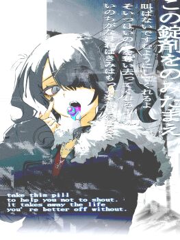 1girl absurdres ame-chan_(needy_girl_overdose) black_collar black_hair black_jacket candy candy_on_tongue chain chain_necklace chinese_commentary collar commentary_request english_text finger_to_eye food fur-trimmed_jacket fur_trim grey_eyes hair_ornament hair_over_one_eye hand_up highres hood hood_down index_finger_raised jacket jewelry long_hair long_sleeves looking_at_viewer nail_polish necklace needy_girl_overdose nia_(x_x02) official_alternate_costume official_art open_mouth photo_background second-party_source sky sleeves_past_wrists solo tongue tongue_out twintails upper_body utility_pole x_hair_ornament