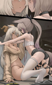 2girls 2koma animal_ear_fluff animal_ears arknights armpits ass ballistic_shield bedroom beeswax_(arknights) beeswax_(weisser_sand)_(arknights) black_coat black_panties blush breasts cardigan_(arknights) coat come_hither comic commission crop_top crop_top_overhang dark-skinned_female dark_skin dog_ears dog_girl dog_tail eye_contact genek goat_ears goat_girl goat_horns gold_horns horns infection_monitor_(arknights) jewelry kneehighs leg_ribbon lingerie long_hair looking_at_another medium_breasts midriff multicolored_hair multiple_girls naughty_face navel necklace panties purple_eyes rhodes_island_logo_(arknights) ribbon seductive_smile shield silent_comic skeb_commission small_breasts smile socks spread_legs stomach streaked_hair tail thighs underboob underwear white_hair white_socks yellow_eyes yuri