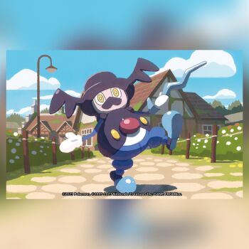 blue_sky bright_pupils building bush cane commentary company_name copyright_name copyright_notice day english_commentary facial_hair full_body gen_8_pokemon holding holding_cane house hyogonosuke lamppost mr._rime mustache nintendo official_art outdoors path pokemon pokemon_tcg road sky solo standing standing_on_one_leg third-party_source white_pupils yellow_eyes