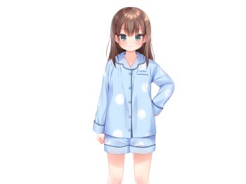 1girl aiyoku_shimai_lolita blue_pajamas blue_shirt blue_shorts blush brown_hair buttons chiaki_(aiyoku_shimai_lolita) closed_mouth cowboy_shot game_cg green_eyes hand_on_own_hip large_variant_set long_hair long_sleeves looking_at_viewer non-web_source pajamas piyodera_mucha polka_dot polka_dot_shirt polka_dot_shorts shirt shorts simple_background smile solo tachi-e transparent_background variant_set