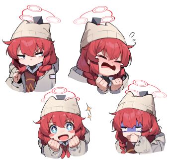 1girl beanie blue_archive blue_eyes braid commentary_request halo hat jacket long_hair long_sleeves maki_(blue_archive) maki_(camp)_(blue_archive) multiple_views official_alternate_costume official_alternate_hairstyle open_mouth painterliuhao red_hair red_halo simple_background twin_braids