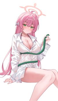 1girl absurdres ahoge bikini_visible_through_clothes blue_archive breasts cleavage closed_mouth commentary green_eyes halo hanako_(blue_archive) hanako_(swimsuit)_(blue_archive) highres holding holding_hose hose large_breasts long_hair looking_at_viewer manjie official_alternate_costume pink_hair pink_halo shirt smile solo very_long_hair white_background white_shirt