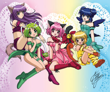 5girls aizawa_mint animal_ears blonde_hair blue_gloves blue_hair bubble_skirt cat_ears cat_tail choker dress fong_pudding frilled_thigh_strap fujiwara_zakuro gloves green_hair long_hair looking_at_viewer magical_girl marco_albiero mew_ichigo mew_lettuce mew_mint mew_pudding mew_zakuro midorikawa_lettuce momomiya_ichigo monkey_tail multiple_girls one_eye_closed open_mouth parted_lips pink_choker pink_dress pink_eyes pink_hair puffy_sleeves purple_hair red_gloves red_ribbon ribbon short_hair signature skirt sleeveless sleeveless_dress smile standing strapless tail thigh_strap tokyo_mew_mew yellow_eyes