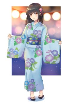 1girl alternate_costume black_hair blue_kimono blue_sash border brown_eyes closed_mouth commentary_request floral_print flower full_body hair_flower hair_ornament hayashio_(kancolle) highres japanese_clothes kantai_collection kimono kuurei_hibikikurenai long_hair long_sleeves looking_at_viewer mole mole_under_eye morning_glory_print obi obijime outside_border outstretched_arms print_kimono print_sash sandals sash sleeves_past_wrists smile solo standing white_border wide_sleeves yukata