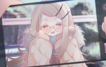 1girl 1other :d absurdres blonde_hair blue_scarf blurry blurry_background blurry_foreground blush breath cellphone coat depth_of_field enpera eukr5772 flipped_hair fur-trimmed_coat fur_trim gakuen_idolmaster glasses half-closed_eyes hand_on_own_face hands_up highres holding holding_phone idolmaster long_hair long_sleeves looking_at_viewer open_mouth orange_eyes outdoors parted_bangs phone pov pov_hands producer_(idolmaster) puffy_long_sleeves puffy_sleeves road round_eyewear scarf shinosawa_hiro sleeves_past_wrists smartphone smile street taking_picture white_coat winter_clothes