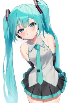 Rule 34 | 1girl, aqua eyes, aqua hair, aqua necktie, arm tattoo, arms behind back, bare shoulders, black sleeves, blush, breasts, commentary request, detached sleeves, hatsune miku, headset, highres, long hair, looking at viewer, medium breasts, necktie, niwa (niwaniwa 1227), number tattoo, parted lips, shirt, simple background, skirt, sleeveless, sleeveless shirt, solo, tattoo, teeth, thighhighs, thighs, twintails, vocaloid, white background, white shirt