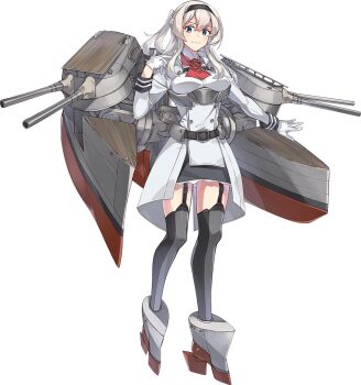 1girl belt black_belt black_gloves black_hairband black_skirt blue_eyes bow braid breasts flower full_body garter_straps glorious_(kancolle) gloves grey_hair grey_thighhighs hairband half_up_braid half_updo jacket kantai_collection konishi_(koconatu) medium_breasts military_uniform official_art parted_lips ponytail red_bow red_flower red_rose rigging rose rudder_footwear second-party_source skirt smile smokestack solo thighhighs transparent_background weapon white_jacket