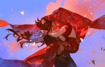 2girls arms_around_neck backless_dress backless_outfit beidou_(genshin_impact) black_jacket black_pants black_suit blue_flower bouquet brown_hair closed_mouth cloud commentary day dress elodeas english_commentary falling_leaves flower formal_clothes genshin_impact holding holding_bouquet jacket kiss leaf multiple_girls ningguang_(genshin_impact) outdoors pants prince red_dress smile suit wife_and_wife yuri