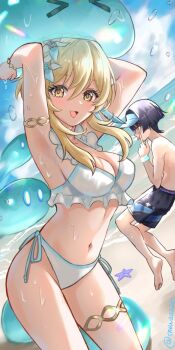 1boy 1girl akanbe barefoot beach bikini black_male_swimwear blonde_hair breasts eyelid_pull feet flower genshin_impact hair_between_eyes hair_flower hair_ornament highres hydro_slime_(genshin_impact) jewelry long_hair looking_at_viewer lumine_(genshin_impact) male_swimwear medium_breasts navel ocean open_mouth purple_eyes scaramouche_(genshin_impact) slime_(genshin_impact) snow20200 stomach swimsuit thighlet toes tongue tongue_out topless_male white_bikini yellow_eyes