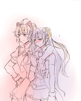 2girls ahoge animal_ears arm_around_shoulder arm_at_side assault_lily bare_shoulders belt black_ribbon blue_background blush breasts brown_hair cat_ears closed_mouth collared_shirt commentary_request cowboy_shot cropped_jacket crossed_bangs elbow_gloves fake_animal_ears fingerless_gloves gloves gradient_background hair_between_eyes hair_ribbon hand_on_own_hip hand_up high_ponytail hishida_haru kondou_misaka long_hair looking_ahead medium_breasts multiple_girls neck_ribbon nose_blush o-ring o-ring_belt odaiba_girls_high_school_uniform pale_color partially_colored ponytail puffy_short_sleeves puffy_sleeves purple_hair red_background ribbon santouka school_uniform shirt short_sleeves side-by-side skirt sleeveless sleeveless_shirt smile standing twintails underbust very_long_hair white_background yellow_ribbon yurigaoka_girls_academy_school_uniform