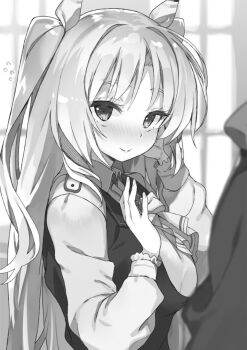 1girl ascot blurry blurry_background blush breasts buta_koushaku charlotte_lily_hughjack closed_mouth collared_shirt embarrassed from_side greyscale hair_ribbon hand_in_own_hair hands_up indoors long_hair long_sleeves looking_at_viewer medium_breasts monochrome nauribon novel_illustration official_art open_hand ribbon school_uniform shirt solo standing third-party_source two_side_up upper_body very_long_hair vest white_shirt window