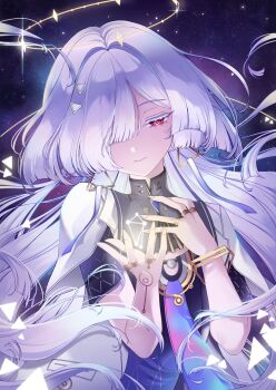 1girl closed_mouth colored_eyelashes commentary dress earrings english_commentary fingernails grey_hair hair_ornament hair_over_one_eye halo hands_up hazylilico highres jacket jewelry long_hair mornye_(wuthering_waves) purple_dress red_eyes solo triangle_earrings upper_body white_jacket wuthering_waves