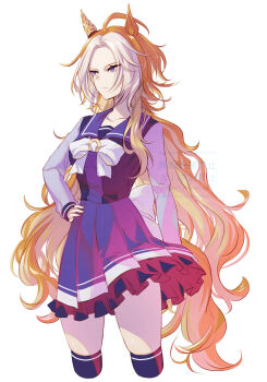 ahoge animal_ears blue_eyes bow bowtie breasts brown_hair closed_mouth collarbone ear_covers ear_ornament highres horse_ears horse_girl horse_tail long_hair long_sleeves medium_breasts multicolored_hair orange_hair orfevre_(umamusume) purple_sailor_collar purple_serafuku purple_shirt purple_skirt purple_thighhighs sailor_collar sailor_shirt school_uniform serafuku shirt simple_background single_ear_cover skirt tail thighhighs tracen_school_uniform two-tone_hair umamusume white_background white_bow white_bowtie white_hair yue_(lov_n_n)