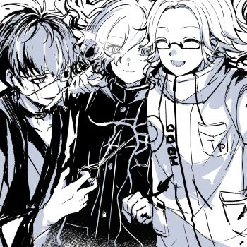 3boys :d ^_^ aotsuki_eito breast_pocket closed_eyes commentary english_commentary eye_print eyepatch eyes_visible_through_hair fire flaming_eye gakuran glasses greyscale hair_over_one_eye hand_on_another's_shoulder heterochromia highres holding holding_scissors jacket japanese_clothes kimono looking_at_viewer male_focus mero_(merope_hika) monochrome multiple_boys omokage_yugamu open_mouth pocket rectangular_eyewear school_uniform scissors semi-rimless_eyewear shion_(hundred_line) short_hair smile the_hundred_line_-last_defense_academy-