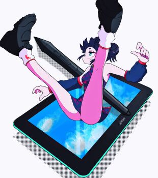 Rule 34 | 1girl, aqua eyes, arm up, bandaid, bandaid on cheek, bandaid on face, bare legs, bare shoulders, black shoes, blue dress, blue hair, blue sleeves, breasts, china dress, chinese clothes, dark blue hair, detached sleeves, double bun, drawing tablet, dress, drop shadow, falling, floral print, full body, hair bun, highres, legs up, looking to the side, nao97122, original, print dress, profile, shoes, short dress, short hair, sidelocks, simple background, sleeveless, sleeveless dress, small breasts, socks, solo, spread legs, stylus, wacom, white background, white socks