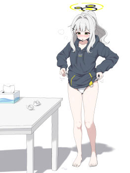 1girl barefoot black_hoodie blue_archive blush cross_hair_ornament drawstring full_body green_eyes green_halo grey_hair hair_ornament halo hare_(blue_archive) highres hood hood_down hoodie implied_after_masturbation long_hair long_sleeves nose_blush open_mouth panties simple_background solo standing table tissue_box unamaso underwear used_tissue white_background white_panties