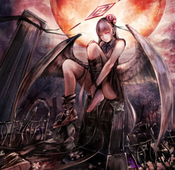 Rule 34 | 1girl, angel wings, bare shoulders, black boots, black skirt, blue eyes, boots, bracelet, collared shirt, commentary request, cross-shaped pupils, fallen angel, fence, flower, full body, full moon, graveyard, grey hair, hair flower, hair ornament, hairband, halo, hand on own knee, heterochromia, highres, iron fence, jewelry, knees up, leg wrap, long hair, looking at viewer, low wings, moon, nail polish, neck ribbon, original, pillar, pink eyes, pink halo, pink nails, red moon, ribbon, shirt, single bare foot, single boot, sitting, sitting on tombstone, skirt, sky, sleeveless, sleeveless shirt, solo, sushi (sashimise), symbol-shaped pupils, thigh strap, tombstone, unworn boots, wings