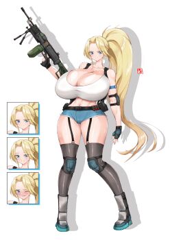 1girl alternate_breast_size_(larger) ammunition_box ammunition_pouch angel_(shock_troopers) arm_at_side armband bandolier bare_shoulders bea_(bropmlk) belt belt_pouch bipod black_garter_straps blonde_hair blue_eyes blush boots breasts character_profile cleavage closed_mouth collarbone commentary_request commission curtained_hair denim denim_shorts drop_shadow elbow_pads fingerless_gloves full_body garter_straps gloves grey_thighhighs grimace gun hand_up highres holding holding_gun holding_weapon huge_breasts knee_pads light_machine_gun linea_alba long_hair long_legs looking_at_viewer machine_gun midriff multiple_expressions navel one_eye_closed parted_bangs parted_lips pixiv_commission ponytail pouch shiny_skin shock_troopers shock_troopers:_2nd_squad short_shorts shorts simple_background smile snk solo tank_top thighhighs thighs toned very_long_hair weapon white_background