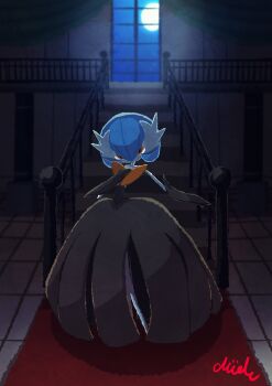 Rule 34 | alternate color, black dress, black gloves, blue hair, bob cut, dress, elbow gloves, gardevoir, gen 3 pokemon, gloves, highres, mega gardevoir, mega pokemon, moon, mude0530, night, nintendo, orange eyes, pokemon, pokemon (creature), shiny pokemon, signature, stairs