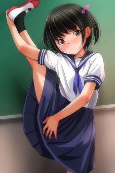 1girl black_hair black_socks blue_neckerchief blue_skirt blush brown_eyes chalkboard classroom collarbone embarrassed hair_ribbon highres holding_own_leg looking_at_viewer matsunaga_kouyou neckerchief original pink_ribbon ribbon school_uniform shirt shoes short_hair short_sleeves skirt socks split standing standing_on_one_leg standing_split twintails uwabaki white_shirt white_shoes