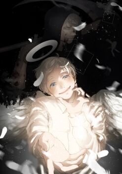 2boys age_progression angel angel_wings black_background black_hoodie blood blood_on_clothes blood_on_face blue_eyes blurry closed_mouth collared_shirt dual_persona falling_feathers feathered_wings feathers glowing halo hand_on_own_chin head_tilt highres holding holding_scythe holding_weapon hood hood_up hoodie light_particles long_sleeves looking_at_viewer male_focus mau_sakura multiple_boys norman_(yakusoku_no_neverland) open_mouth outstretched_hand reaching reaching_towards_viewer scythe shirt short_hair smile upper_body weapon white_feathers white_hair white_shirt white_wings wings yakusoku_no_neverland