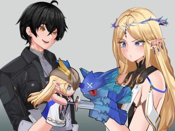 1boy 1girl absurdres bare_shoulders black_collar black_hair black_jacket blonde_hair blue_eyes cartethyia_(wuthering_waves) collar collared_jacket commentary crown_of_thorns earrings english_commentary grey_background grey_shirt hand_puppet highres jacket jewelry leon_kunisagi leviathan_(wuthering_waves) long_hair male_rover_(wuthering_waves) multiple_earrings necklace open_clothes open_jacket pointy_ears puppet rover_(wuthering_waves) shirt stab tacet_mark_(wuthering_waves) wuthering_waves yellow_eyes