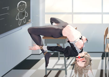 absurdres ball_gag bdsm black_pantyhose blonde_hair blue_archive bondage bound breasts commentary_request doodle_sensei_(blue_archive) drooling gag gagged highres looking_at_viewer medium_breasts nagisa_(blue_archive) navel nipple_clamps nipples pantyhose pussy_juice qaq_baiguang restrained sensei_(blue_archive) sex_toy shibari shibari_over_clothes shrug_(clothing) stomach torn_clothes torn_pantyhose vibrator wiffle_gag yellow_eyes