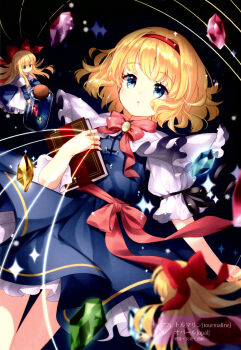 Rule 34 | 1girl, absurdres, alice margatroid, black background, black ribbon, blonde hair, blue background, blue dress, blue eyes, blue gemstone, book, bow, bowtie, capelet, cowboy shot, dress, gem, glass bottle, gradient background, green gemstone, hair bow, hairband, highres, holding, holding book, jewelry, mimi (mimi puru), parted lips, pink bow, pink bowtie, puffy short sleeves, puffy sleeves, puppet rings, puppet strings, purple gemstone, red bow, red gemstone, red hairband, ribbon, ring, scan, shanghai doll, short hair, short sleeves, sleeve ribbon, solo, third-party source, touhou, white capelet, yellow gemstone