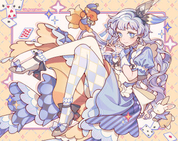 1girl ace_(playing_card) ace_of_diamonds ace_of_spades argyle_background argyle_clothes argyle_pantyhose artistic_error back_bow black_bow black_shoes blue_eyes blue_pantyhose blue_skirt blush border bow card commentary commission diamond_(shape) english_commentary five_of_clubs five_of_hearts flower-shaped_pupils four_of_clubs hair_bow high_heels highres im_honeybread interlocked_fingers knees_up layered_skirt long_hair looking_at_viewer monocle original pantyhose playing_card puffy_short_sleeves puffy_sleeves rabbit shoes short_sleeves single_leg_pantyhose skirt smile solo spade_(shape) sparkle stuffed_animal stuffed_fox stuffed_rabbit stuffed_toy symbol-shaped_pupils twitter_username two_of_clubs very_long_hair white_bow yellow_background yellow_pantyhose