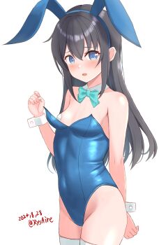 1girl ame-san animal_ears asashio_(kancolle) bare_shoulders black_hair blue_eyes blue_leotard blush bow bowtie breasts commentary_request cowboy_shot dated detached_collar embarrassed fake_animal_ears highres kantai_collection leotard long_hair looking_at_viewer open_mouth pasties playboy_bunny rabbit_ears revision simple_background small_breasts solo strapless strapless_leotard thighhighs twitter_username white_background white_thighhighs wrist_cuffs