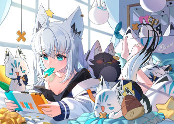 Rule 34 | 1girl, ahoge, animal ear fluff, animal ear piercing, animal ears, aqua eyes, black shirt, chips (food), collarbone, commentary request, food, food in mouth, fox ears, fox girl, fox tail, hair between eyes, handheld game console, highres, holding, holding handheld game console, hololive, indoors, jacket, long hair, lying, momone cco, on stomach, popsicle, popsicle in mouth, potato chips, shirakami fubuki, shirakami fubuki (loungewear), shirt, sukonbu (shirakami fubuki), t-shirt, tail, virtual youtuber, white hair, white jacket