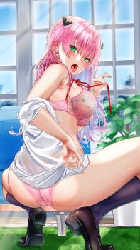 Rule 34 | 1girl, adjusting clothes, aikawa megumi, ass, bra, breasts, commission, couch, day, green eyes, heaven burns red, highres, indoors, lace, lace-trimmed panties, lace trim, large breasts, loafers, long hair, looking back, neck ribbon, noir (nowaru), panties, pink hair, ribbon, satin, shirt, shoes, skeb commission, solo, tongue, tongue out, two side up, underwear, white shirt