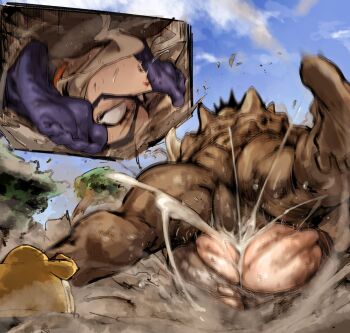 1girl 2boys ass blonde_hair blue_sky bodysuit boku_no_hero_academia brown_hair clothed_female_nude_male cum cum_in_pussy day doppel_(bonnypir) ejaculation fat_gum_(boku_no_hero_academia) giant giantess gigantomachia highres hood hoodie legs_up long_hair lying multiple_boys no_pupils nude on_back open_mouth outdoors rape short_hair sky standing torn_bodysuit torn_clothes tree white_bodysuit yellow_hoodie