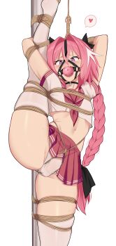 1boy absurdres astolfo_(fate) astolfo_(sailor_paladin)_(fate) bagelbomb bdsm blush bondage bound bow braid braided_ponytail crossdressing crossdressing_(mtf) fate/grand_order fate_(series) gag gag_harness gagged gagged_male hair_bow hair_intakes highres long_braid long_hair looking_at_viewer male_focus midriff multicolored_hair navel neckerchief official_alternate_costume open_mouth panties pink_hair pink_neckerchief pink_sailor_collar pink_skirt purple_eyes sailor_collar school_uniform serafuku shibari shirt short_sleeves simple_background skirt smile solo split standing standing_on_one_leg standing_split streaked_hair thighhighs trap underwear white_background white_hair white_panties white_shirt white_thighhighs